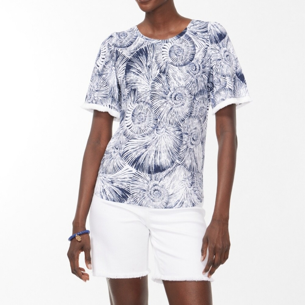 CHICO'S Linen Fringe Sleeve Novelty Shell‎ Print Tee XS